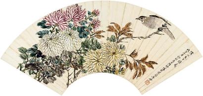 陆抑非 1948年作 菊花佳禽 扇面镜心