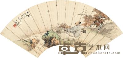 倪田 1895年作 操琴鹤为舞 扇面镜心 28.4×50.6cm