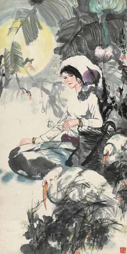 杨秀坤 1981年作 蕉下少女 立轴