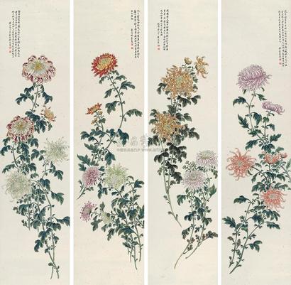 缪嘉慧 1880年作 花卉 四屏