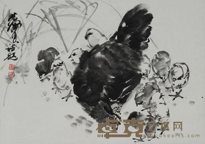 黄胄 母子鸡 立轴 44×62.5cm