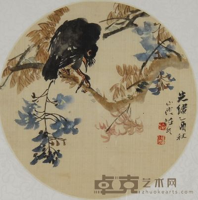 任伯年 1885年作 紫藤八哥 镜心 直径24.5cm