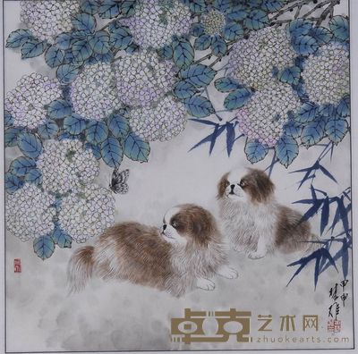 方楚雄 2004年作 绣球双犬 镜框 69×68cm