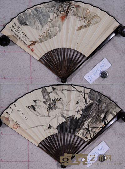 唐云 张大壮 墨荷 对虾图 成扇 17×47cm