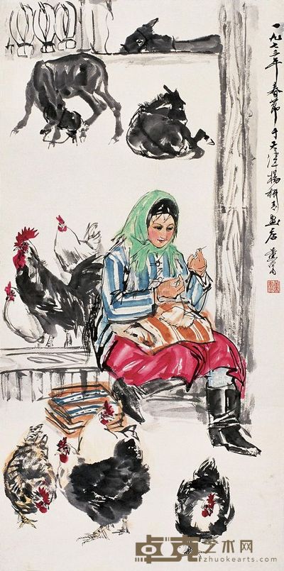 黄胄 1973年作 补衣图 立轴 138×69cm