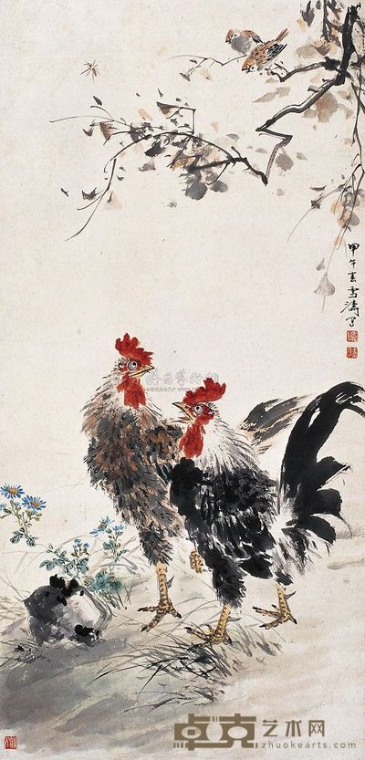 王雪涛 1954年作 双吉图 立轴 106×51cm