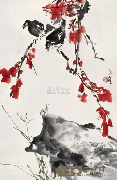 王雪涛 红叶八哥 立轴 65.5×43cm