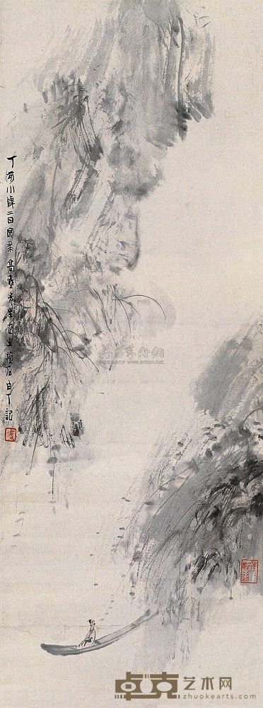 傅抱石 1947年作 秋江泛舟图 立轴 80×30cm