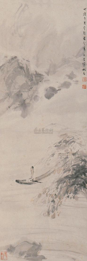 傅抱石 1947年作 泛舟图 立轴