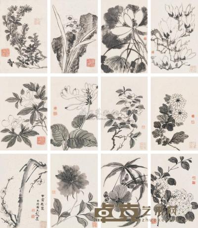 奚冈 1794年作 花卉册 册页 （十二开） 26×17cm×12