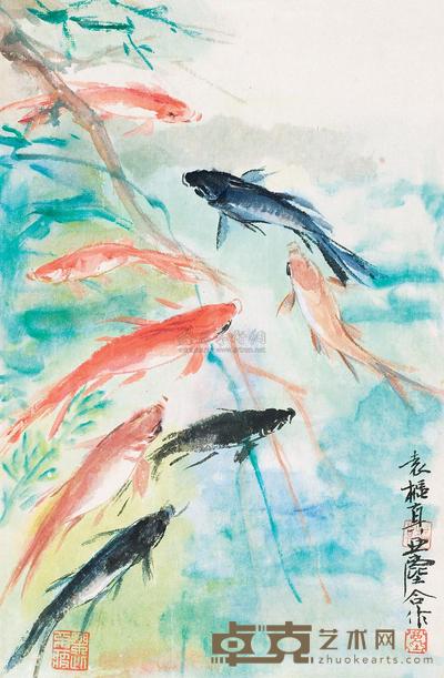 汪亚尘 袁枢真 池塘鱼戏 立轴 41.5×27cm