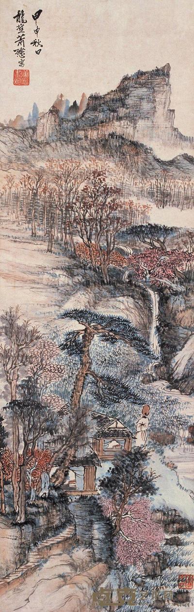 萧愻 1944年作 观瀑图 立轴 100×31.5cm