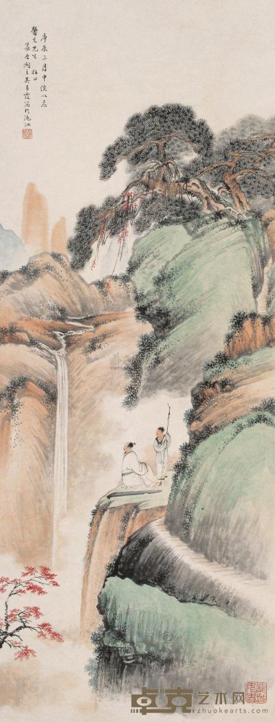 吴青霞 1940年作 松岩观瀑 立轴 102×38.5cm