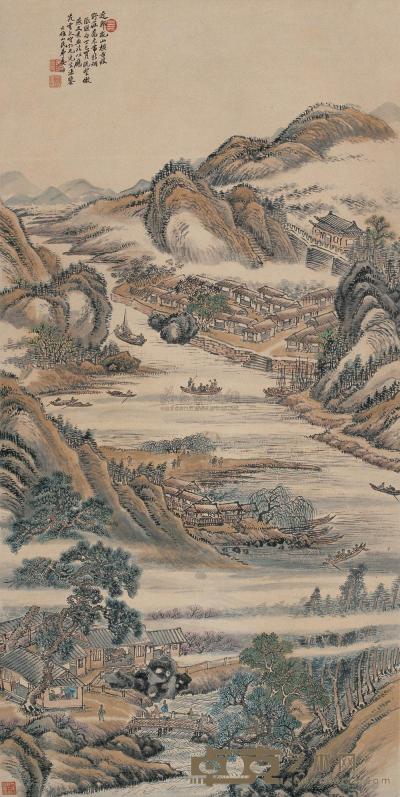 姜筠 1917年作 水村图 立轴 132×66cm