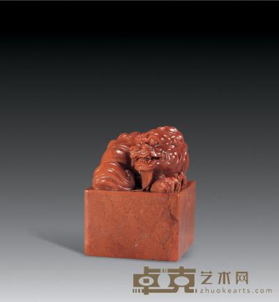 寿山红芙蓉石雕 瑞兽钮方章 高5.5cm