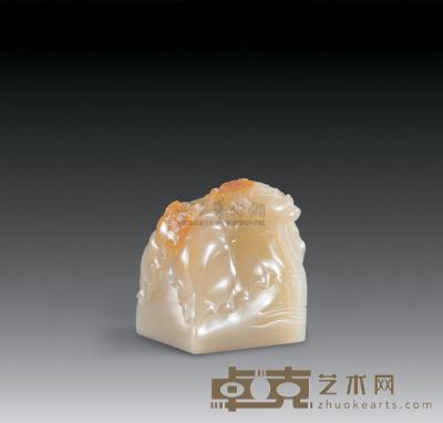 寿山芙蓉石雕 荷叶钮方章 4.6×3.4×4cm