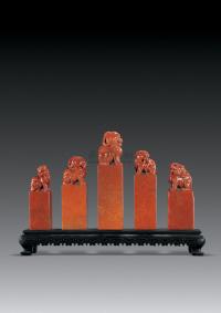 寿山高山石雕 瑞兽钮方章 （一组五件）