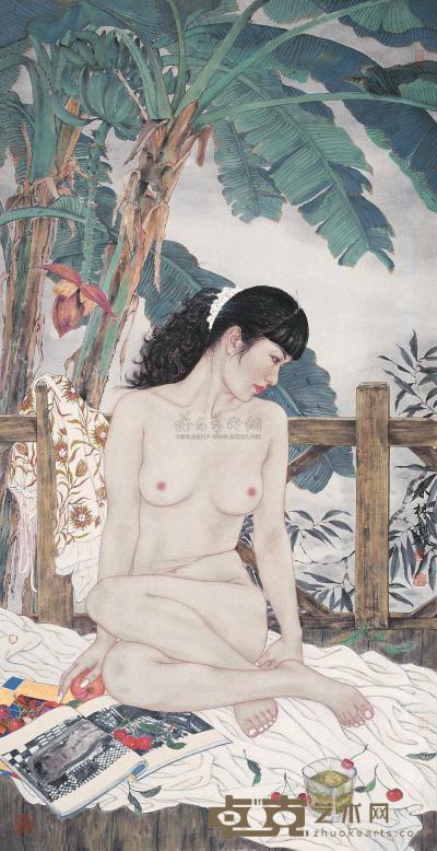 倪春林  2010年作 蕉荫仕女 镜框 136×68cm