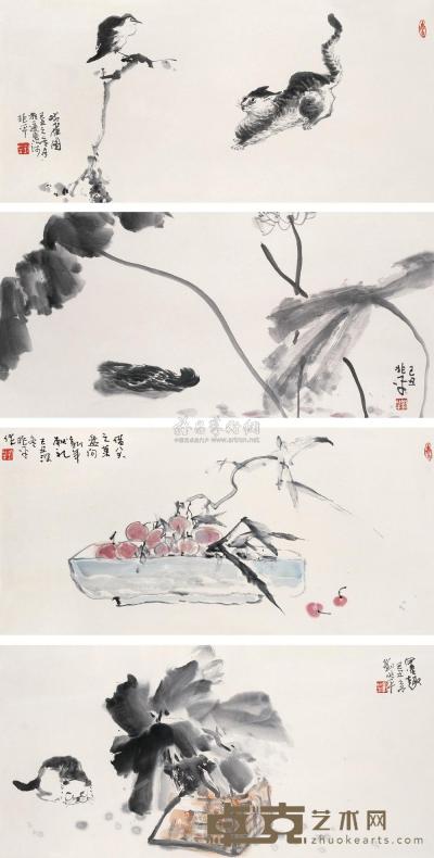 刘兆平  2010年作 花鸟 （四帧） 镜框 34×68cm×4