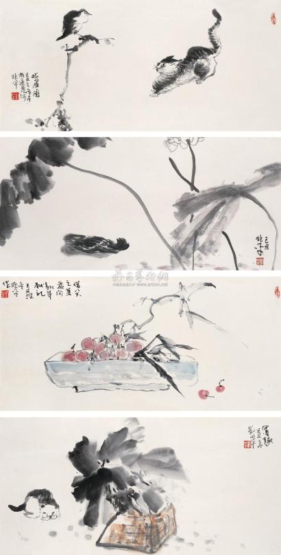 刘兆平  2010年作 花鸟 （四帧） 镜框