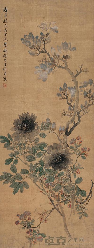 张熊 1858年作 花卉 立轴 126.5×48cm