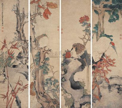 任淇 1851年作 花鸟 四屏