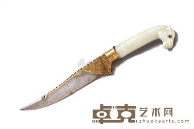 清 玉马首柄大马士革刀 长37.5cm