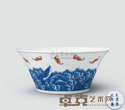 清雍正 青花海水斗彩蝠纹马蹄碗 直径18cm