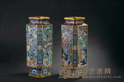 清 掐丝珐琅海水云龙倭角方瓶 （二件） 高39.5cm