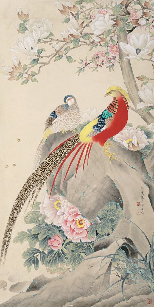喻继高 雏鸡玉兰图 镜心129×64.5cm
