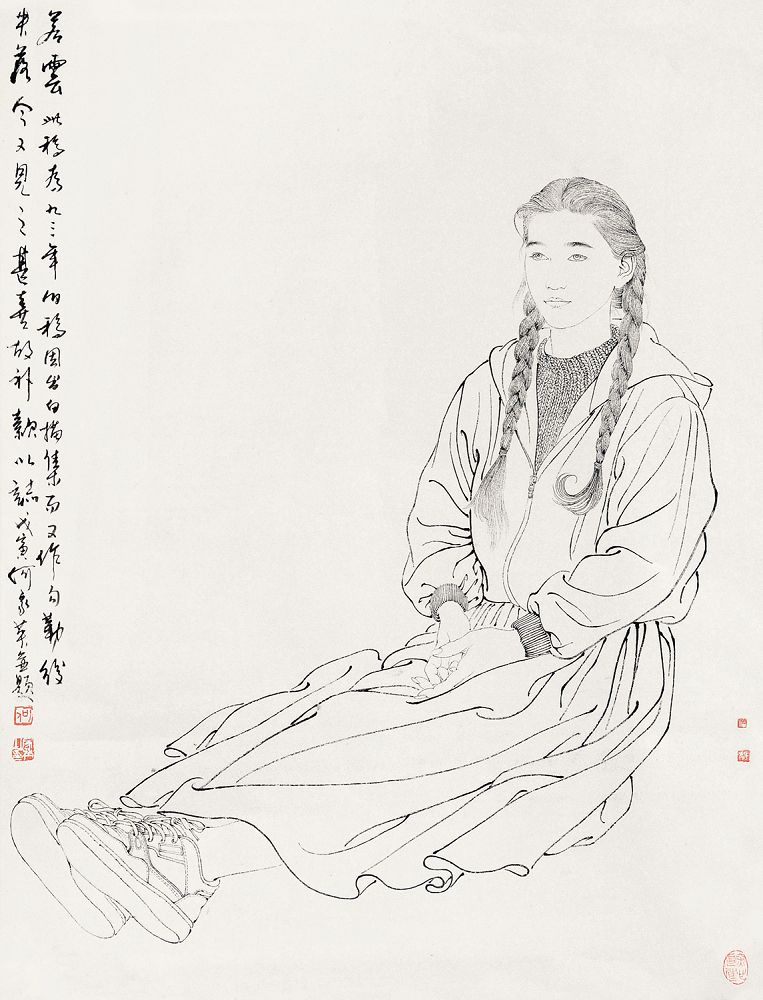 何家英 白描人物 立轴95×74cm