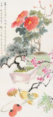 王师子 牡丹 立轴