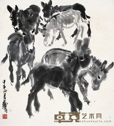 黄胄 1984年作 群驴图 镜心 67.5×62cm