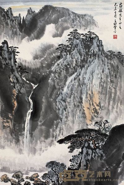 应野平 1979年作 松云飞瀑图 立轴 68×46cm