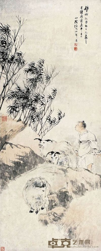 任伯年 1890年作 三阳开泰图 立轴 91.5×37.5cm