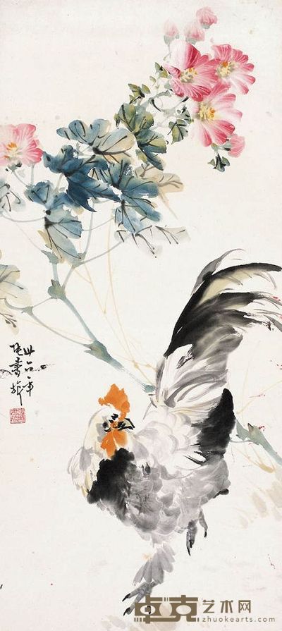 张书旂 1947年作 芙蓉雄鸡图 立轴 88.5×40.5cm