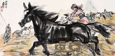 黄胄 1988年作 草原牧歌图 镜心 68.5×136.5cm