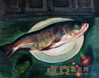 李铁夫 1947年作 有小红果的鲢鱼 62×78cm