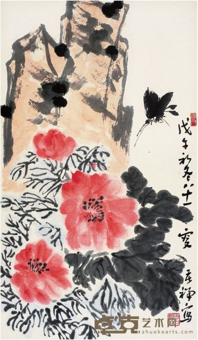 李苦禅（1899～1983） 花石飞蝶图 