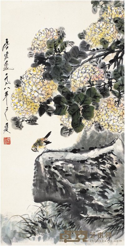 唐 云（1910～1993） 绣球小鸟图 