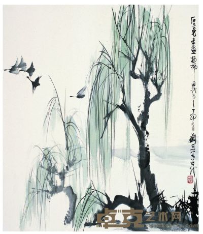 刘旦宅 1987年作 柳雁图 镜心 54.5×68cm