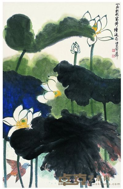 谢稚柳 1987年作 荷塘过雨图 立轴 96.5×62cm