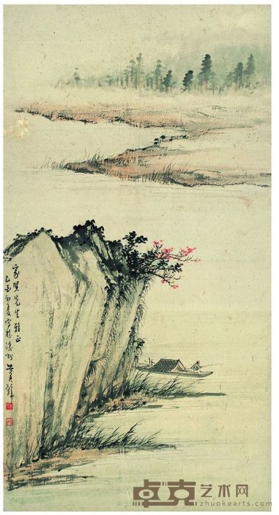 黄君璧 1945年作 秋溪垂钓图 立轴 56×29.5cm