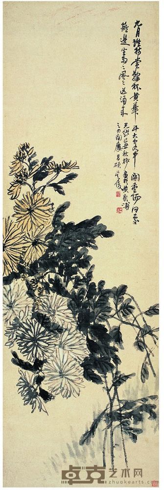 吴昌硕 1889年作 秋菊图 立轴 129×41.5cm