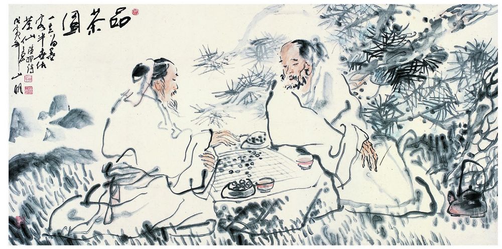 吴山明 1998年作 品茶图 镜心68.5×136cm