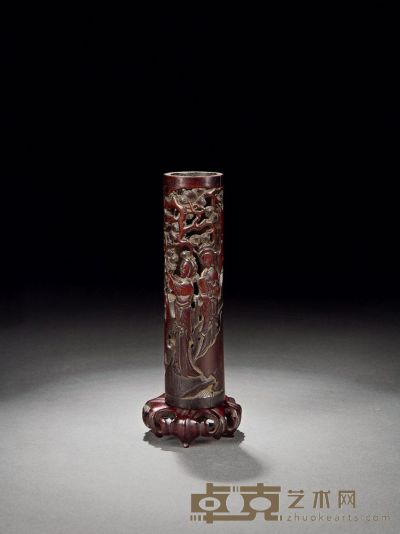 明·竹镂空雕仕女松石香筒 