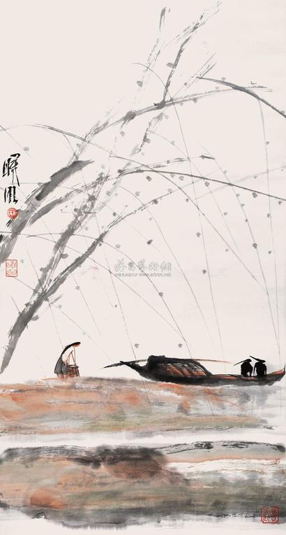 林曦明 柳荫渔歌 立轴