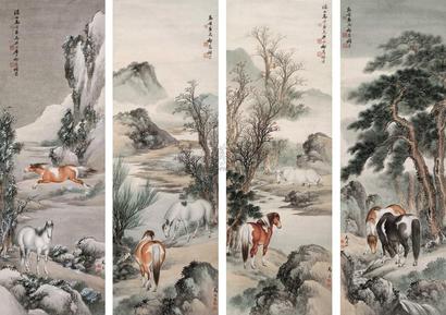 马晋 祁崑 山水百骏图 四屏