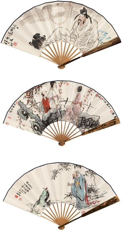 程大利 刘春华 唐勇力 2000年、2007年、2006年作 太白醉意、八大山人小像、红叶 成扇