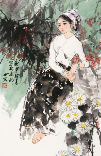 王西京 庚申（1980年）作 倚石少女 镜心